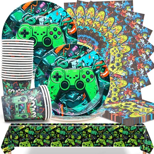 Huaxintoys Videospiel Theme Partygeschirr Set, Spiel Party Teller Set Enthalten 20 Teller 7in, 20 Becher 9Oz, 20 Servietten und 1 Tischdecke für Geburtstags Kinder Party Deko von Huaxintoys