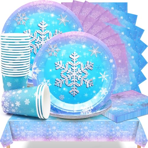 Huaxintoys Winter Schneeflocke Partygeschirr,61 Stück Schneeflocke Partyzubehör Set Einschließlich Tischdecke,Teller,Becher und Serviette für Weihnachten Winter Wonderland Dekoration von Huaxintoys