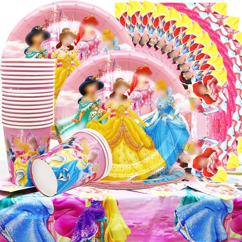 Prinzessin Partygeschirr Set - Partyzubehör für Mädchen Geburtstag Personen Princess Birthday Party Tableware Dient für 20 Gäste Teller 7in, Becher 9Oz, Servietten und Tischdecke (A4) von Huaxintoys