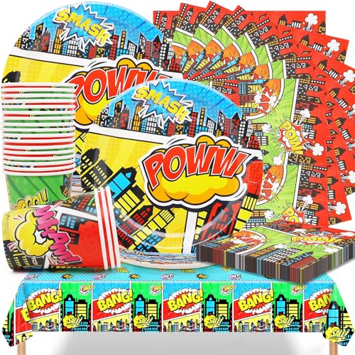 Superhelden Partygeschirr Set - Superhelden Party Teller Set Enthalten 20 Teller 7in, 20 Becher 9Oz, 20 Servietten und 1 Tischdecke für Geburtstags Kinder Jungen Mädchen Party Dekorationen von Huaxintoys