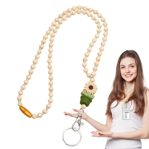 Huayeex Perlen-Lanyards für Ausweise, Blumen-Lehrer-Lanyard | Schlüsselbänder aus Blumenholz und Perlen - Niedliche, modische Schlüsselbänder im Boho-Stil mit Blumen und Holzperlen für Frauen, von Huayeex