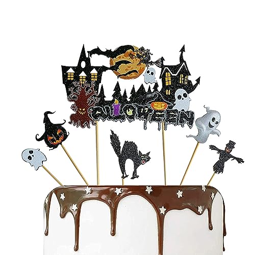 11 Stücke Cake Topper Halloween, Tortendeko Halloween, Kuchen Deko Halloween mit Fledermaus Kürbis Schloss Hexe Besen Mond Cupcake Toppers, Halloween Kuchen Topper Cake Topper von Hudiepan