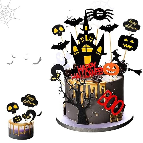 15 Stücke Tortendeko Halloween, Cake Topper Halloween, Kuchen Deko Halloween mit Fledermaus Kürbis Schloss Hexe Besen Mond Cupcake Toppers, Halloween Kuchen Topper Cake Topper von Hudiepan