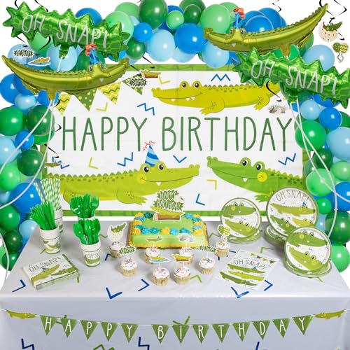 All-in-One 357-teiliges Alligator-Geburtstagsparty-Dekorationen (serviert 24) Krokodil-Partyzubehör mit Tellern, Tassen, Servietten, Tischdecke, Luftballons, Kuchen- und Cupcake-Topper und mehr von Hudson Party Supplies