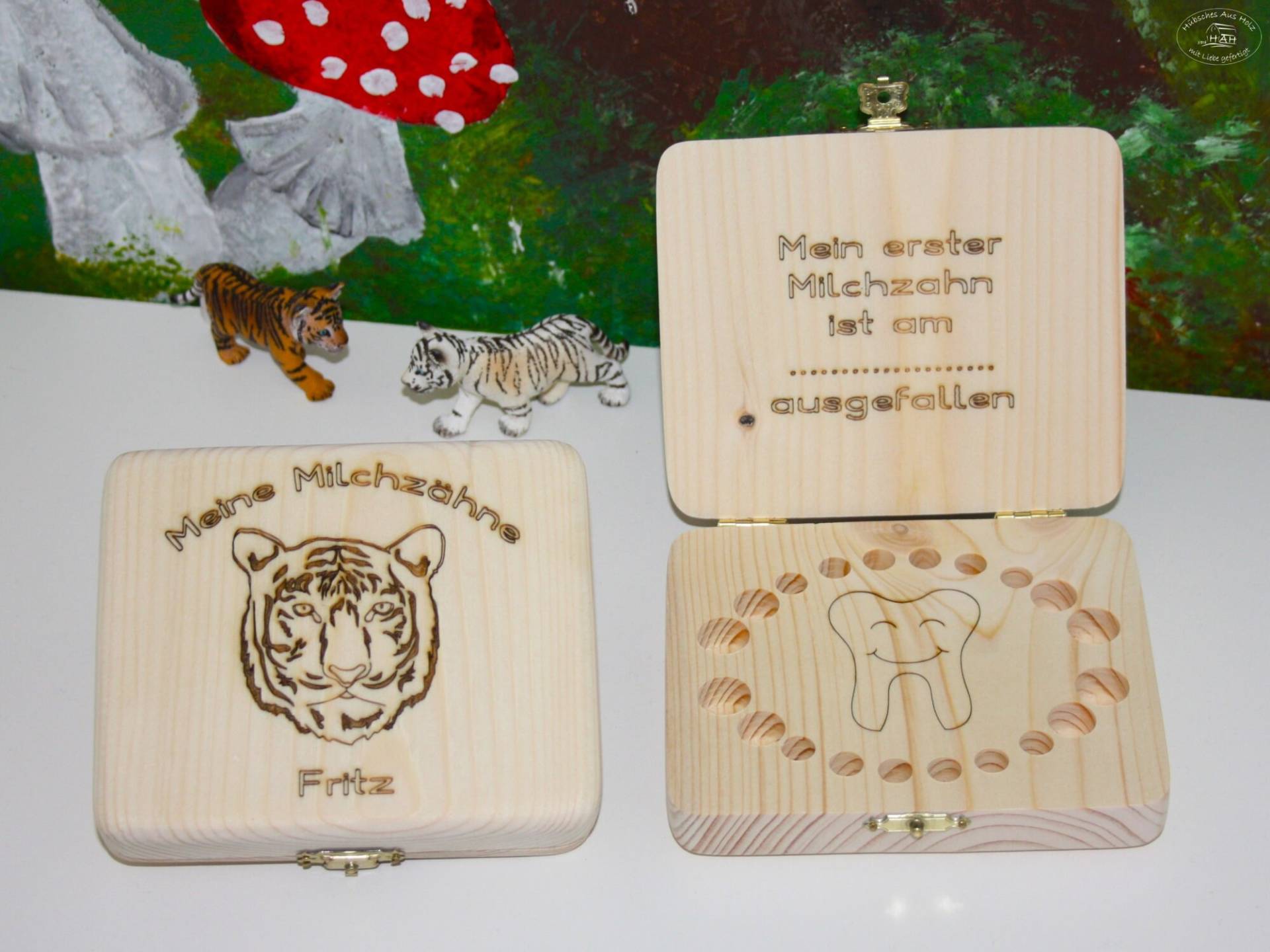 Milchzahnbox Tiger Aus Holz, Personalisiert/Milchzahndose Holz Zahndose Zahnbox Holzbox Zähne, Geschenk Zahnfee von HuebschesAusHolz