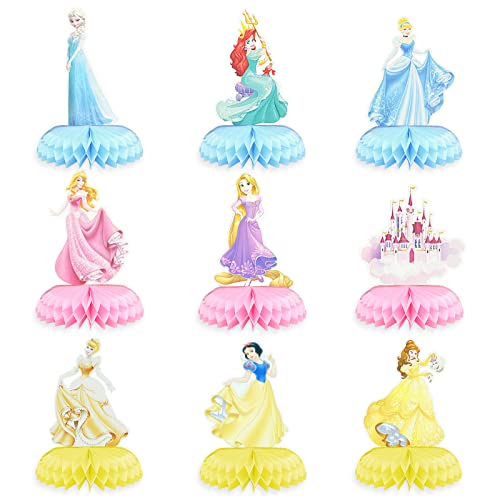 9 Stück Disney Prinzessin Geburtstag Dekorationen, Honeycomb Dekorationen, 3D Prinzessin Thema Tischdekoration Geburtstag für Tischdekorationen Party Supplies Bevorzugung Requisiten von Huemtnor