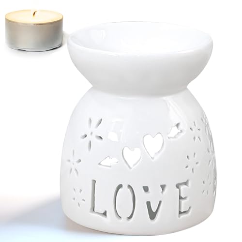 Keramik Duftlampe, Aromalampe mit Kerzenhalter, Herzförmig Aroma Diffusor Öl Brenner Räucher Zubehör für Duftöl, Blumenmuster Aroma Diffuser - 7,5×8,8×7,5cm von Huemtnor