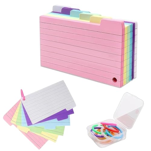 150 Stück Linierte Karteikarten, praktische Aufbewahrung, Flash Cards, Vokabelkarten, 8 Binderinge, bunt, für Notizen, Lernen, Schule, Büro, Zuhause von Hugfads