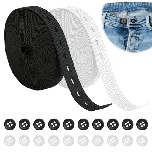 2 Rollen Elastisches Nähband Set mit 20 Kunstharz-Knöpfen, 14 m (15 Yards) Gummiband in Schwarz und Weiß für Hosenrock Stirnband, DIY Näharbeiten und kreative Projekte(Breite 15mm) von Hugfads