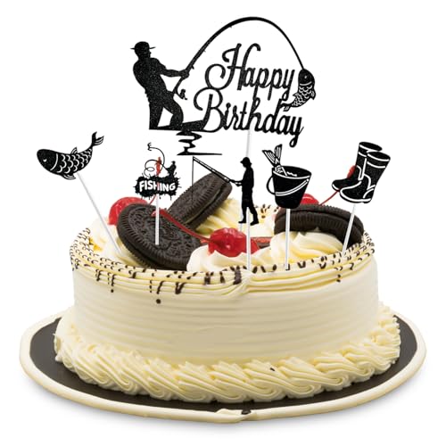 6 Stück Angler Cake Toppern, Happy Birthday Tortendeko mit Angelmotiven für Männer und Jungen-Geburtstagspartys, Hochwertiges Papiermaterial, für Kuchen, Cupcakes und Desserts von Hugfads