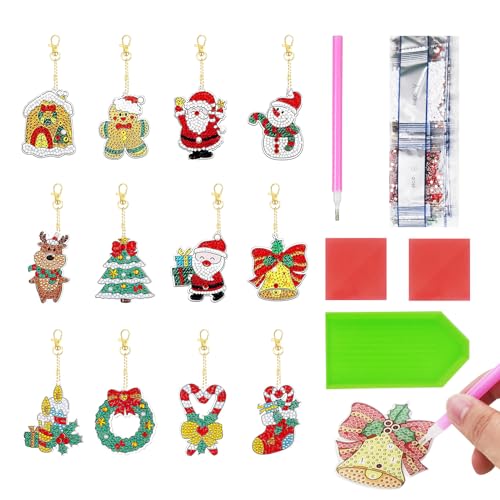 Hugfads 12 Stück 5D DIY Diamant Malerei Schlüsselanhänger Weihnachten, Diamond Painting Set für Kinder und Erwachsene, Weihnachtsgeschenke Bastelset von Hugfads