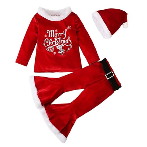 Hugsweet Frohe Weihnachten-Outfit,Weihnachtsmann-Kostüm, langärmeliger Samtpullover, Glockenboden, Weihnachtsmannmütze | Hautfreundliche Winter-Weihnachtsoutfits aus weichem Samt für die von Hugsweet