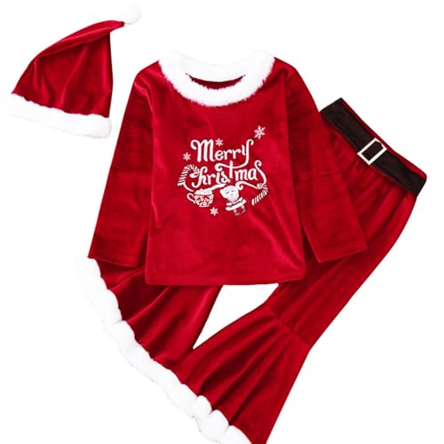 Hugsweet Weihnachtselfen-Outfits für Mädchen - Weihnachtsmann-Kostüm, langärmeliger Samtpullover, Glockenboden, Weihnachtsmannmütze,Hautfreundliche Winter-Weihnachtsoutfits aus weichem Samt für die von Hugsweet