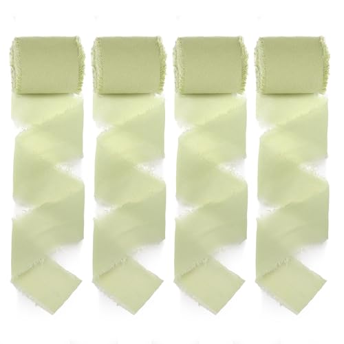 4 Rollen Handgemachtes Fransen Chiffonband Set, 4 cm x 5 m Eukalyptus Grün Seidenband, 20m Geschenkband Hochzeit Stoffband für Brautsträuße, Geschenkverpackungen, DIY und Dekoration von Hugwait