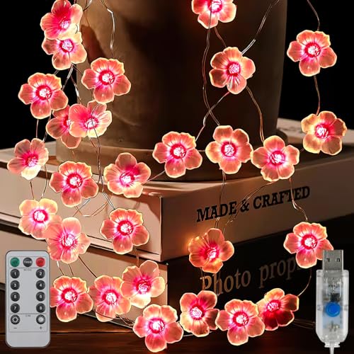 4M 40 LEDs Lichterkette Kirschblüten, Lichterkette Kinderzimmer Mädchen USB mit 8 Funktionen, Rosa Lichterkette 2700K für Innen, Hochzeit, Party Deko, Wanddekoration Spiegel Dekorative von Hugwait