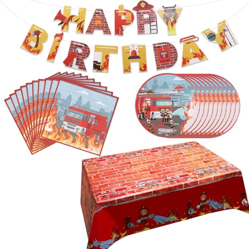 Huiguli Fireman Partygeschirr Set, Fireman Kindergeburtstag Geschirr Set mit Tischdecke Teller Servietten Banner, Feuerwehrmann Party Pappteller für 10 Gäste Jungen Mädchen Geburtstagsfeier von Huiguli