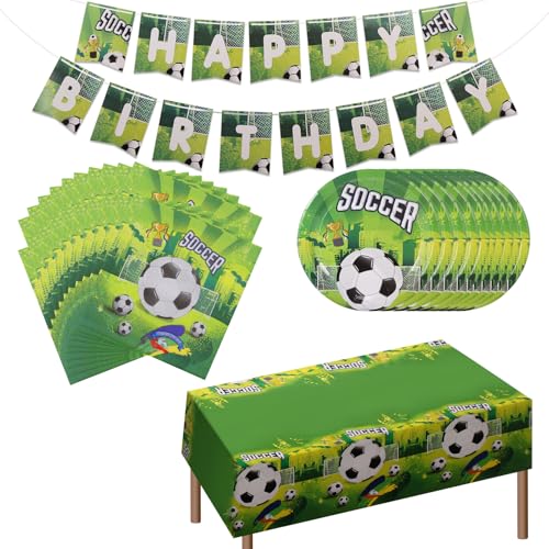 Huiguli Fußball Partygeschirr Set, Fußball Kindergeburtstag Geschirr Set mit Tischdecke Teller Servietten Banner, Fussball Party Pappteller für 10 Gäste Jungen Mädchen Geburtstagsfeier von Huiguli