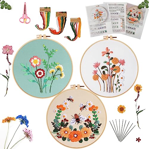 Huimai 3 Stück Stickset für Anfänger, Blumenmuster Pflanzen Stickerei Starter Kit für Erwachsene mit Muster, Anleitung und Stickrahmen für Nähen, Handwerk, DIY Kreuzstich Set (Orange) von Huimai