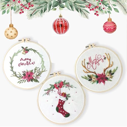 Huimai 3 Stück Stickerei Sets Weihnachten für Anfänger Kreuzstich mit Weihnachtsstrumpf Florales Muster, 3 Anleitung, 3 Stickrahmen und Farbfäden, Embroidery Kit (Weihnachten Stil / 3 Stück) von Huimai