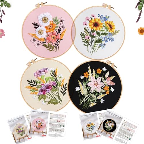 Huimai Anfänger Stickerei Set, 4 Stück Kreuzstich-Sticksets mit Blumenmuster Vorgedruckt, Erwachsene DIY Handwerk Embroidery Starter Kit mit 4 Stickrahmen, Fäden und Werkzeuge (Blumen) von Huimai