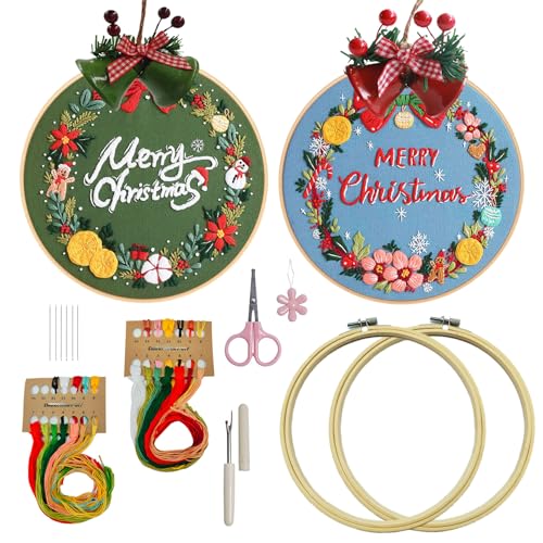 Huimai Stickset Ｗeihnachten 2 Stück Anfänger Stickerei Set Erwachsene mit 2 Stück Bambus Stickrahmen, Anleitung und Werkzeuge, Embroidery Kit für DIY Bastelset(Weihnachts-Girlande / 2 Stück) von Huimai