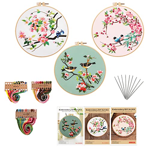 Huimai Vögel Anfänger Stickerei Set, 3 Stück Kreuzstich-Sticksets mit Floralen Tiermustern, Erwachsene DIY Handwerk Embroidery Starter Kit mit 3 Stickrahmen, Fäden und Werkzeuge (Vögel) von Huimai