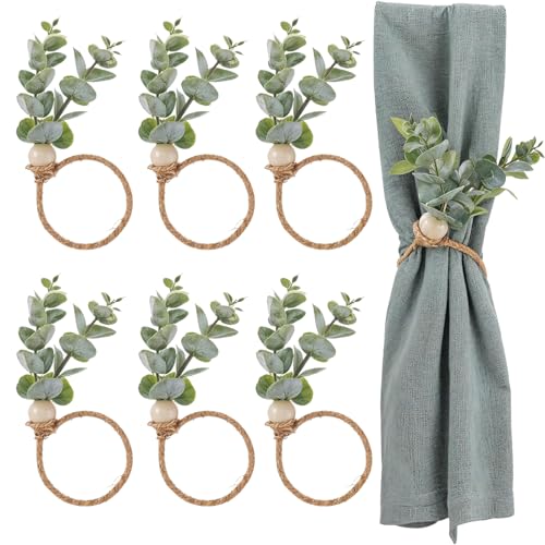 Serviettenringe-Set, künstliche Eukalyptus-Serviettenringe, Boho, grünes Blatt, Eukalyptus, Serviettenhalter, rustikale Holzperlen, Serviettenschnallen für Hochzeit, Tischdekoration, Bankett, von Huipalon