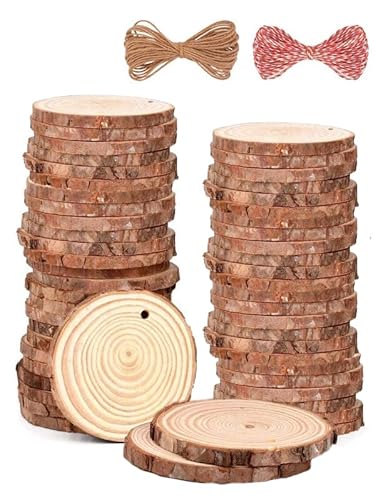 Huixinue Holzscheiben 54 Stücke Baumscheiben 7-8CM Durchmesser 0.5CM dick,Gebohrte Holz Log Scheiben,Runde Naturholz Holzscheibe, Holzscheiben zum Basteln für Hochzeitsdeko, Weihnachtsdeko. von Huixinue