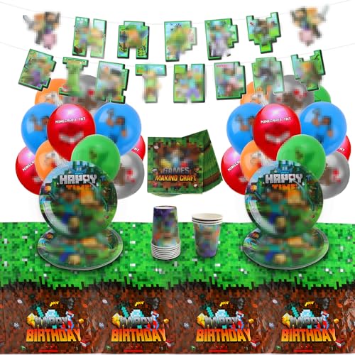 Partygeschirr Set, Minecraft Partygeschirr, 66 Stück Minecraft Pappteller Kindergeburtstag Geschirr, Pappteller Serviettenbecher Tischdecke geburtstagsdeko jungen Minecraft, Minecraft Deko Pappteller von Huiyoulan