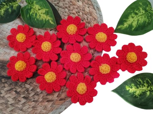 HukDok Handgefertigte gehäkelte Gänseblümchen, Dekoration, Nähapplikationen, Blumenblütenblätter, zum Aufnähen, Ornament für DIY, Handwerk, Kostüm, Tasche, Ohrringe oder Zubehör (rot) von HukDok