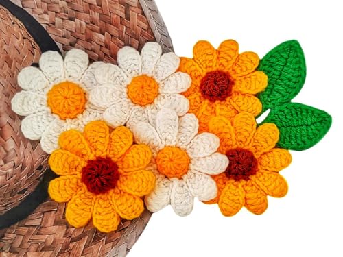 HukDok Handgefertigte gehäkelte Gänseblümchen-Dekoration, Nähapplikationen, Blumenblütenblätter, zum Aufnähen, Ornament für Bastelarbeiten, Kostüme, Taschen, Ohrringe oder Haar-Accessoire (große gelbe von HukDok