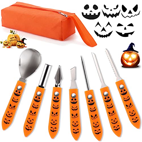 Hukermoon Halloween Kürbis Schnitzset 7 Stück, Kürbis Schnitzen Set mit Tragetasche und Kürbis Schnitzen Vorlagen, Professionelle Edelstahl Halloween Kürbis Schnitzwerkzeuge für Erwachsene und Kinder von Hukermoon