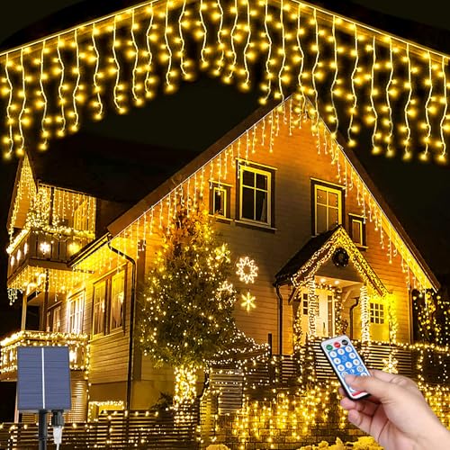 Hulaiyaa Solare Eiszapfen Lichter, 5M Solar Lichterkette Weihnachtsbeleuchtung mit Fernbedienung, 16 * 0.8M 128LEDs Wasserdicht Solar Lichterkette Deko für den Courtyard Garden Street Park von Hulaiyaa