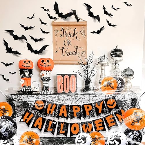 Humairc Halloween Deko HAPPY HALLOWEEN Banner 3D Fledermaus Aufkleber Spiral Girlande Halloween Luftsballon Spinnenweben Halloween Kinder Party Deko Halloween Party Mottoparty Dekoration von Humairc