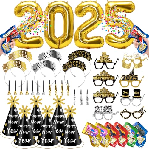 Humairc Silvester Deko 2025 Folienballon 2025 Happy New Year Partyhüte Haarreife Brille Konfettikanone Partytröten Silvester Deko Happy New Year Deko 2025 Schwarz Gold von Humairc