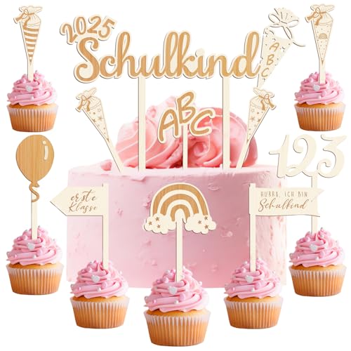 Humairc 2025 Tortendeko Einschulung 10tgl. aus Holz Junge Mädchen Schulkind Zuckertüte Cake Topper ABC 123 Cupcake Torte Deko Kuchendeko Schulanfang von Humairc