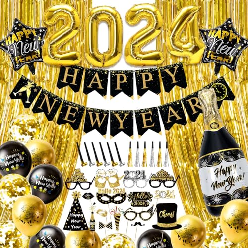 Humairc XXL Silvester Deko 2024 Happy New Year Deko 2024 Nummer Folienballon Flaschenballon, Banner, Luftballon, Glitzer Vorhänge, Foto Requisite Party Dekoration Set von Humairc