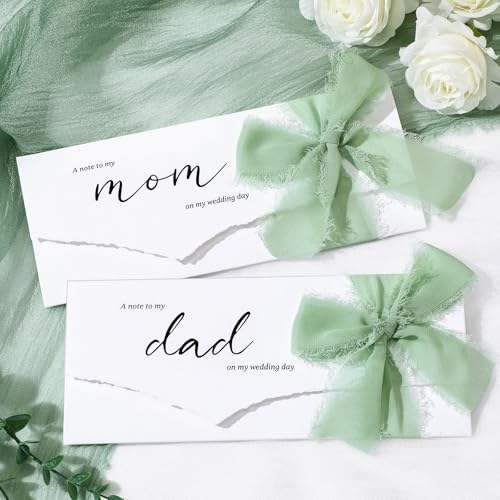 Humyoun Set mit 2 Hochzeitskarten an meine Mutter und Vater, eine Notiz, "Mom and Dad on My Wedding Day", mit salbeigrünem Chiffonband, Geschenk für Eltern der Braut, Geschenke zum Hochzeitstag (Mom von Humyoun