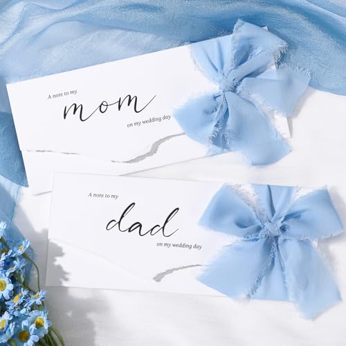 Humyoun Set mit 2 Hochzeitskarten an meine Mutter und Vater, eine Notiz, "Mom and Dad on My Wedding Day", mit staubblauem Chiffonband, Geschenke für Eltern der Braut, Geschenke zum Hochzeitstag von Humyoun