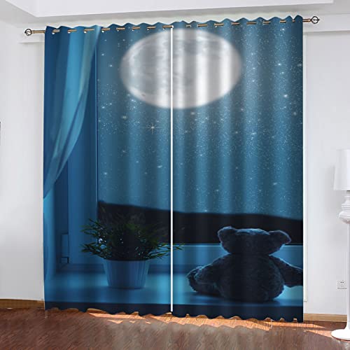 2 Stücke Vorhänge Blickdicht Kinderzimmer 3D Fenster Blauer Sternenhimmel Muster Gardinen Mit Kälteschutz & Wärmeisolierend Für Schlafzimmer Thermogardine Ösenschal Küchenvorhang Modern 160X210 von Hundnsney