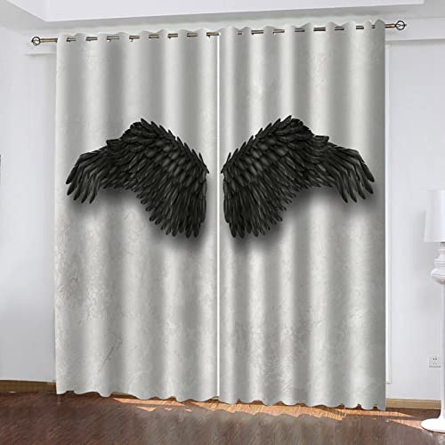 Hundnsney Gardinen Blickdicht Ösen Kinder 3D Schwarze Engelsflügel Muster Isolierung Schattierung Kinder Schlafzimmer Gardine Wärmeisolierender Ösens Vorhang Fenster Dekoration 2Er Set 160X150cm(HxB) von Hundnsney