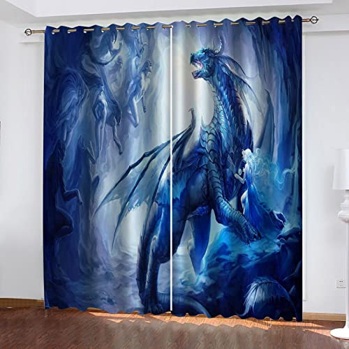 Verdunkelungsvorhang Mit Ösen 3D Anime Blauer Drache Muster Gardinen Schlafzimmer Wohnzimmer Kinderzimmer Mädchen Junge Ösenvorhang Blickdichte Vorhänge, Thermovorhang 2Er Set Mass Angefertigtcm(HxB) von Hundnsney