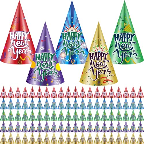 Hungdao 100 Stück Partyhüte für Silvester 2025, Silvester, Partyzubehör, bunte Papierkegel-Hüte für Erwachsene, Happy Silvester, Party-Dekoration, Foto-Requisiten, Zubehör 2025 von Hungdao