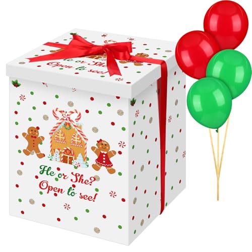 Hungdao Lebkuchen-Ballon-Box mit Band und 10 Luftballons, Weihnachtsspiele, die er oder sie öffnen zu sehen, für Weihnachten, Geschlechtsoffenbarung, Party-Dekoration, 30 x 30 x 40 cm von Hungdao