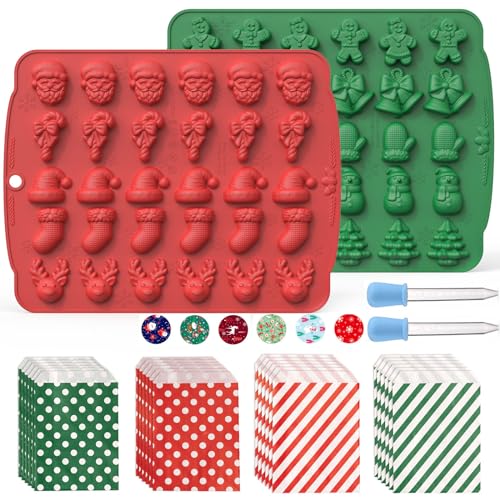 2 Stück Bonbon Formen Silikon mit 2 Pipetten 24pcs Papiertüten 24pcs Aufkleber,Weihnachten Silikonform Pralinenform Backform Xmas Schokoladenform,Bonbonform für Kekse Süßigkeiten Gelee Schokolade von Huphant