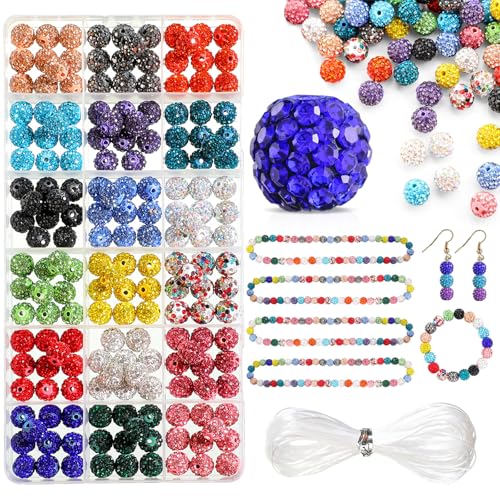 Huquary 180 Stück 10 mm Strass-Perlen, 18 verschiedene Farben, glänzende runde Perlen, Disco-Perlen, Großpackung, funkelnde Kristall-Ton-Diamantperlen für Halsketten, Armbänder, Ohrringe, von Huquary