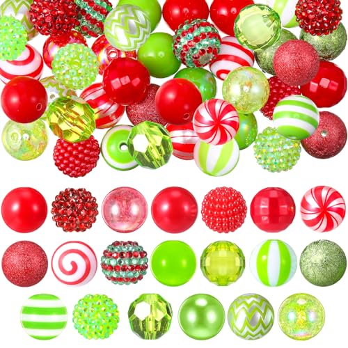 Huquary 40 Stück 20 mm große Weihnachtsperlen für Stifte, Kaugummi-Perlen, gemischte Weihnachtsperlen, rot-grüne Acrylperlen, lose Perlen für DIY-Schmuckherstellung, Handwerk, Halsketten, Armbänder von Huquary