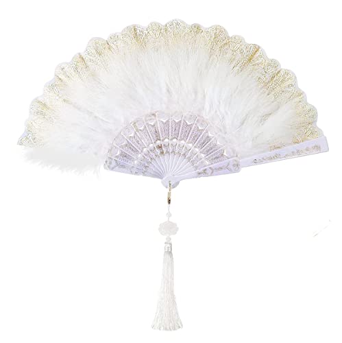 Huralona 1920er Jahre Vintage Style Flapper Handfächer bestickt Blume Marabu Feder Fan (bestickt weiß) von Huralona