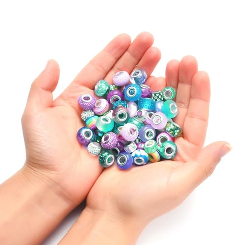 54pcs große Lochperlen farbenfrohe 5-mm-Loch-Acryl-Strass-Perlen-Abstandshalter mit mehreren genutzten glänzenden europäischen Perlen für DIY-Bastel-Ohrring-Armband-Halskette Herstellung von Huraoerrrr