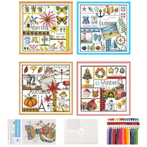 Huraoerrrr 4PCS Cross Stitch Kit 10 x 10 Zoll Four Seasons Easy Muster Stickkit, praktische Kreuzstichzubehör für alle Altersgruppen, Anfänger, Kinder, Erwachsene von Huraoerrrr